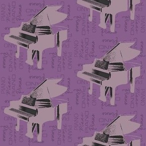 Piano graphic with text, purple on lavender illustration