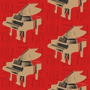 Piano graphic, instrument, text,  Tan, red, black