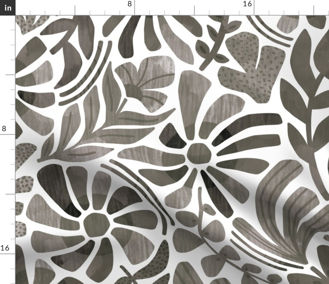 Gray Monochrome Floral - Large Scale