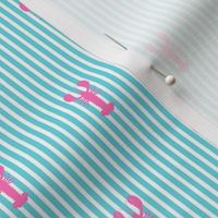 Preppy Nautical ocean blue & white  stripes and pink lobsters