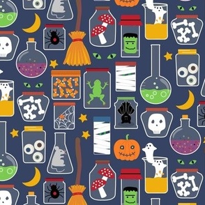 Eclectic Halloween Witches Brew  Beakers with Spiders, Mushrooms, Frankenstein, Ghosts, Bones, Frogs, Mummies, and Eyeballs on Navy Ground Small Scale