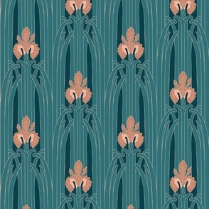 Small Art Nouveau Art Deco Water Irises with Incubi Darkness Teal Cyan Background