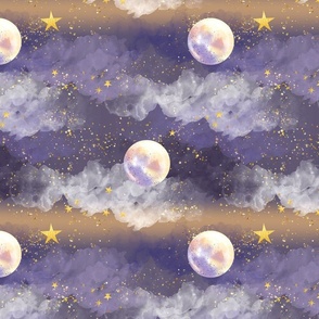 Magical Night Halloween Moon & Stars | Watercolor purple and golden sky