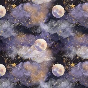 Full Moon Magical Sky | Stardust Galaxy Gold stars Watercolor Clouds