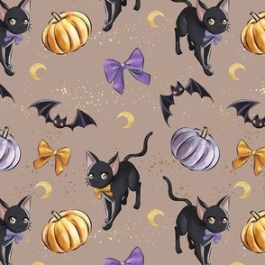 Halloween Magic Cats , bats, moons, pumpkins, bows | warm retro