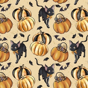 Halloween Moon Cats Bats | trick or Treat Basket | Orange Cute Illustrations