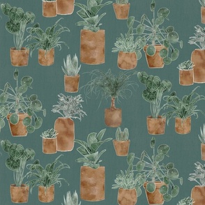 Watercolour Potted Plants on Linen 12inch Teal