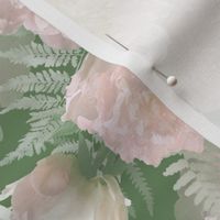 Large Pale Pink Peonies and Ferns on Sage Green
