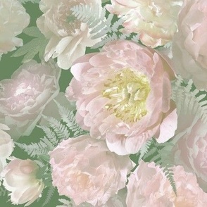 Large Pale Pink Peonies and Ferns on Sage Green