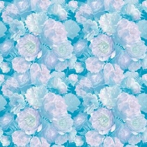 Pale Pink Peonies and Ferns on Caribbean Blue