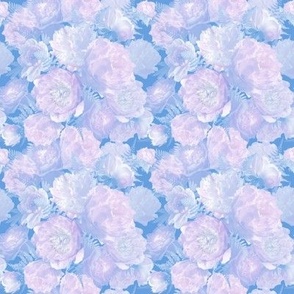 Pale Pink Peonies and Ferns on Cornflower Blue