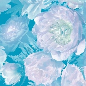 Large Pale Pink Peonies and Ferns on Caribbean Blue