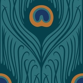 Large Art Deco Peacock Feathers in 1 Direction with Whaling Waters Teal Blue Background