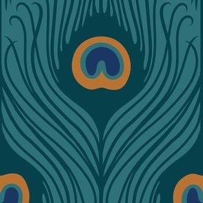 Large Art Deco Peacock Feathers in 2 Directions with Whaling Waters Teal Blue Background