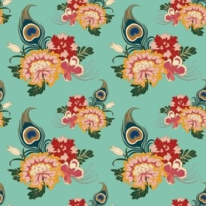 Small Chinoiserie Peacock flowers and feathers with aquamarine green background