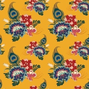 Small Chinoiserie Peacock flowers and feathers with jonquil yellow background
