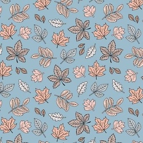 Autumn leaves - lush oak chestnut birch and maple leaf fall garden in soft beige pale nude tan on blue SMALL