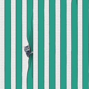 Cats hidden in small stripes, graphic line drawing with stippling dots - dark green stripes - smaller format