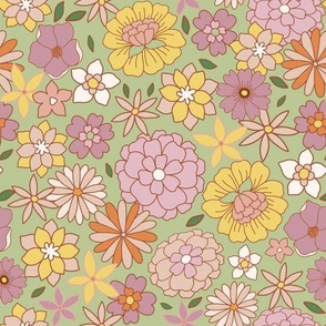Retro Flower Meadow - crazy 70s hand painted flowers apple green