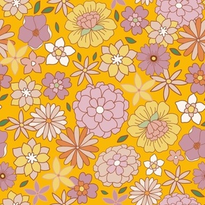 Retro Flower Meadow - crazy 70s hand painted flowers sunny yellow