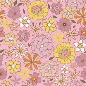 Retro Flower Meadow - crazy 70s hand painted flowers pink