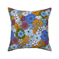 Retro Flower Meadow - crazy 70s hand painted flowers orange and blue 