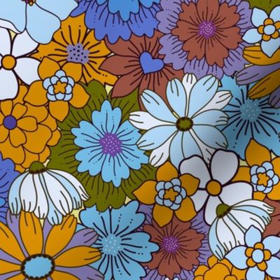 Retro Flower Meadow - crazy 70s hand painted flowers orange and blue 