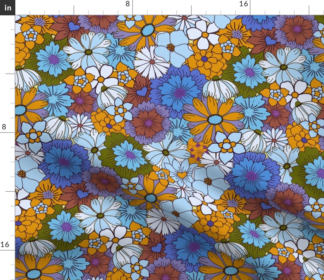 Retro Flower Meadow - crazy 70s hand painted flowers orange and blue 