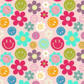 Retro Flower Smileys Meadow - crazy 70s hand painted flowers with cute smiley faces - pink