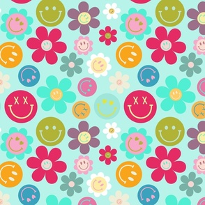 Retro Flower Smileys Meadow - crazy 70s hand painted flowers with cute smiley faces - turquoise