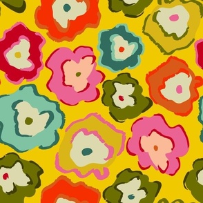 Retro Abstract Matisse Flowers Meadow - crazy 70s hand painted flowers dark yellow