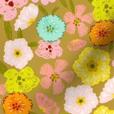 Cute hand painted 70s retro flowers - perfect for your vintage nursery, girls room decor - safari green