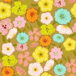 Cute hand painted 70s retro flowers - perfect for your vintage nursery, girls room decor - safari green