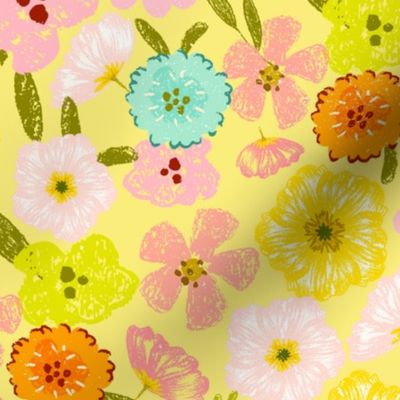 Cute hand painted 70s retro flowers - perfect for your vintage nursery, girls room decor - sunny yellow