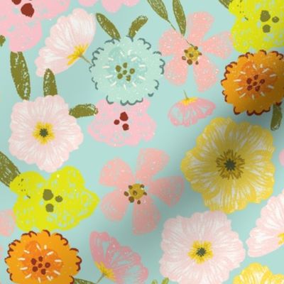 Cute hand painted 70s retro flowers - perfect for your vintage nursery, girls room decor turuqoise blue
