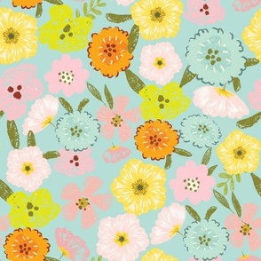 Cute hand painted 70s retro flowers - perfect for your vintage nursery, girls room decor turuqoise blue