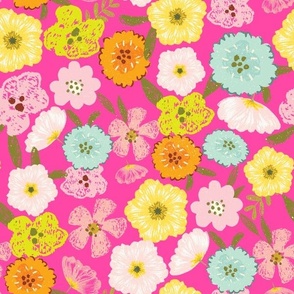 Cute hand painted 70s retro flowers - perfect for your vintage nursery, girls room decor - magenta pink