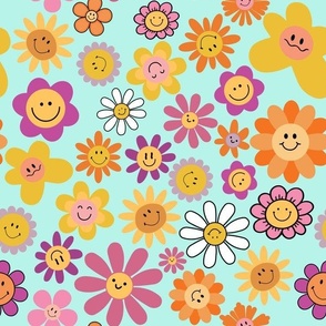 Retro Abstract Hippie Smiley Flowers Meadow - crazy 70s hand painted flowers turquoise blue