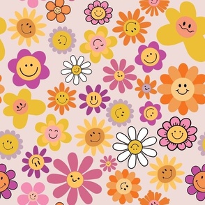 Retro Abstract Hippie Smiley Flowers Meadow - crazy 70s hand painted flowers blush pink