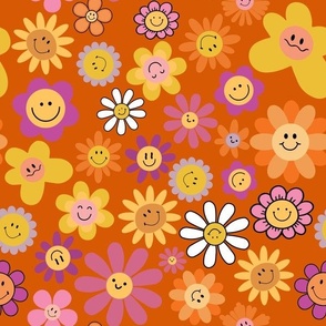 Retro Abstract Hippie Smiley Flowers Meadow - crazy 70s hand painted flowers sunny orange