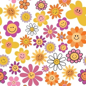 Retro Abstract Hippie Smiley Flowers Meadow - crazy 70s hand painted flowers Simply white
