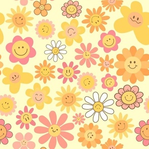 Retro Abstract Hippie Smiley Flowers Meadow - crazy 70s hand painted flowers soft yellow