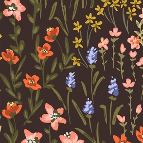 Ditsy darlings - midnight garden -  Black, lavender, orange, yellow, green and pink// big scale