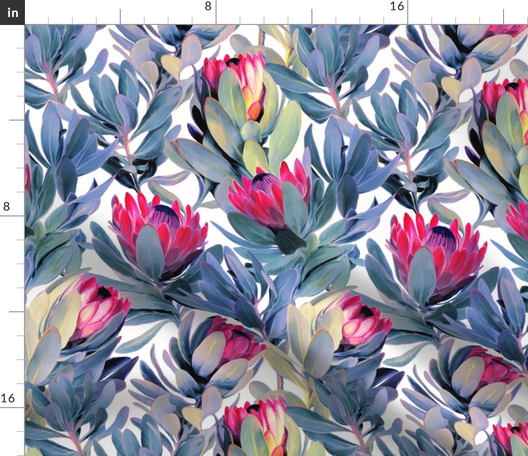 Painted Protea Floral - white background - magenta and grey blue colorway - custom request