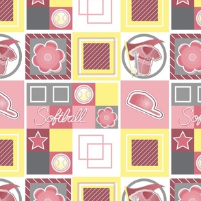 Softball Cheerful Checks with cap, jersey, bat, stars, flowers; Birthday Party Table Linens, Cute, Cuter, Cutest Kids Sheets—checkerboard, Pastel Pink and Pastel Yellow