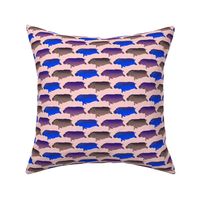 3 colorful swimming hippos on peach 2in