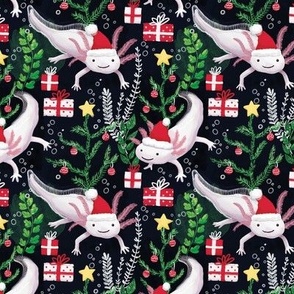 Cute axolotl Christmas fabric small scale