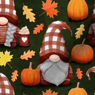 fall gnomes fabric , thanksgiving moos green