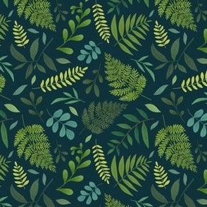 (small) Forest fern leaves and small flowers on dark teal, woodland boranicals and foliage, small scale 