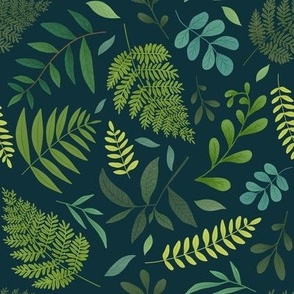 (medium) Forest fern leaves and small flowers on dark teal, woodland boranicals and foliage, medium scale 